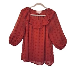Destination Maternity Red Ruffle Neck Polka Dot Flowy Top Size Small